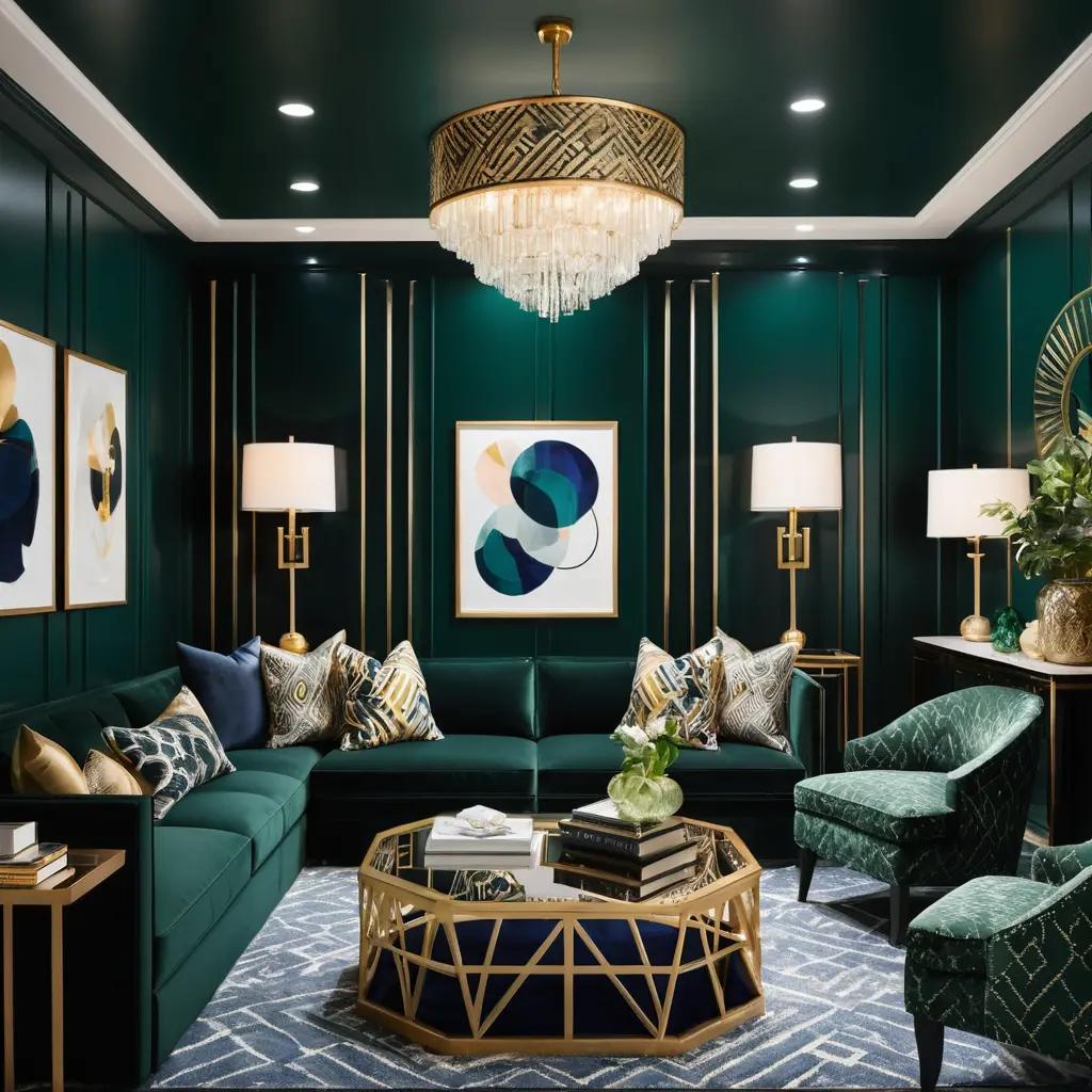 Art Deco Basement Family Room