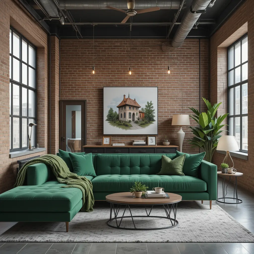 Go for Industrial Chic with Exposed Brick and Green Accents