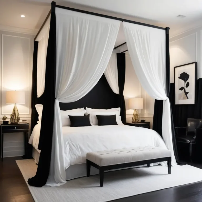 White Canopy Bed with Black Drapes for a Dramatic Effect