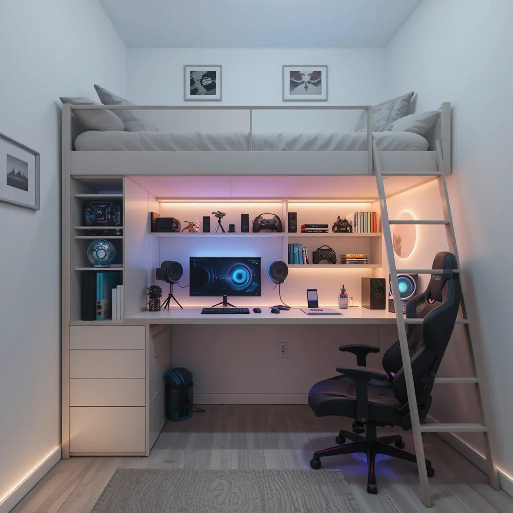 Minimalist Gaming Corner with Lofted Bed