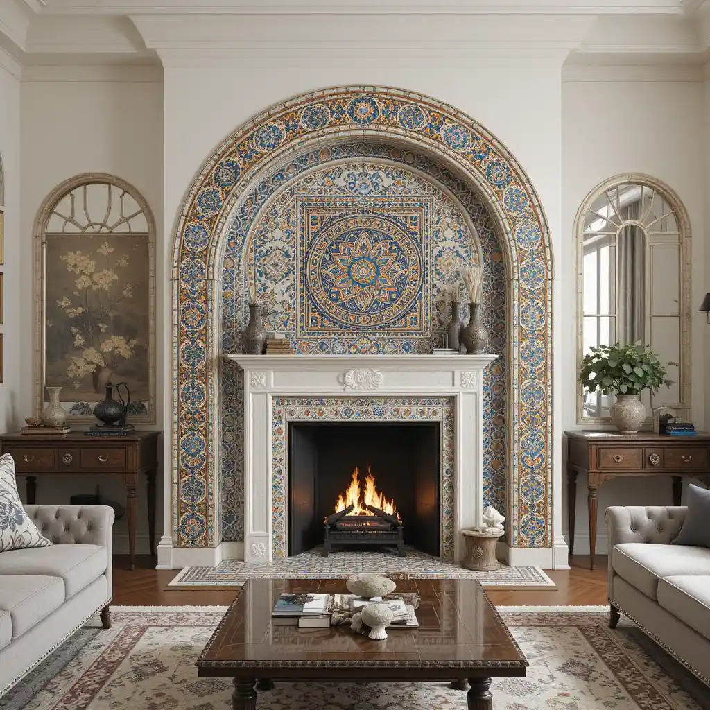 Arched Fireplace with Tile Mosaic