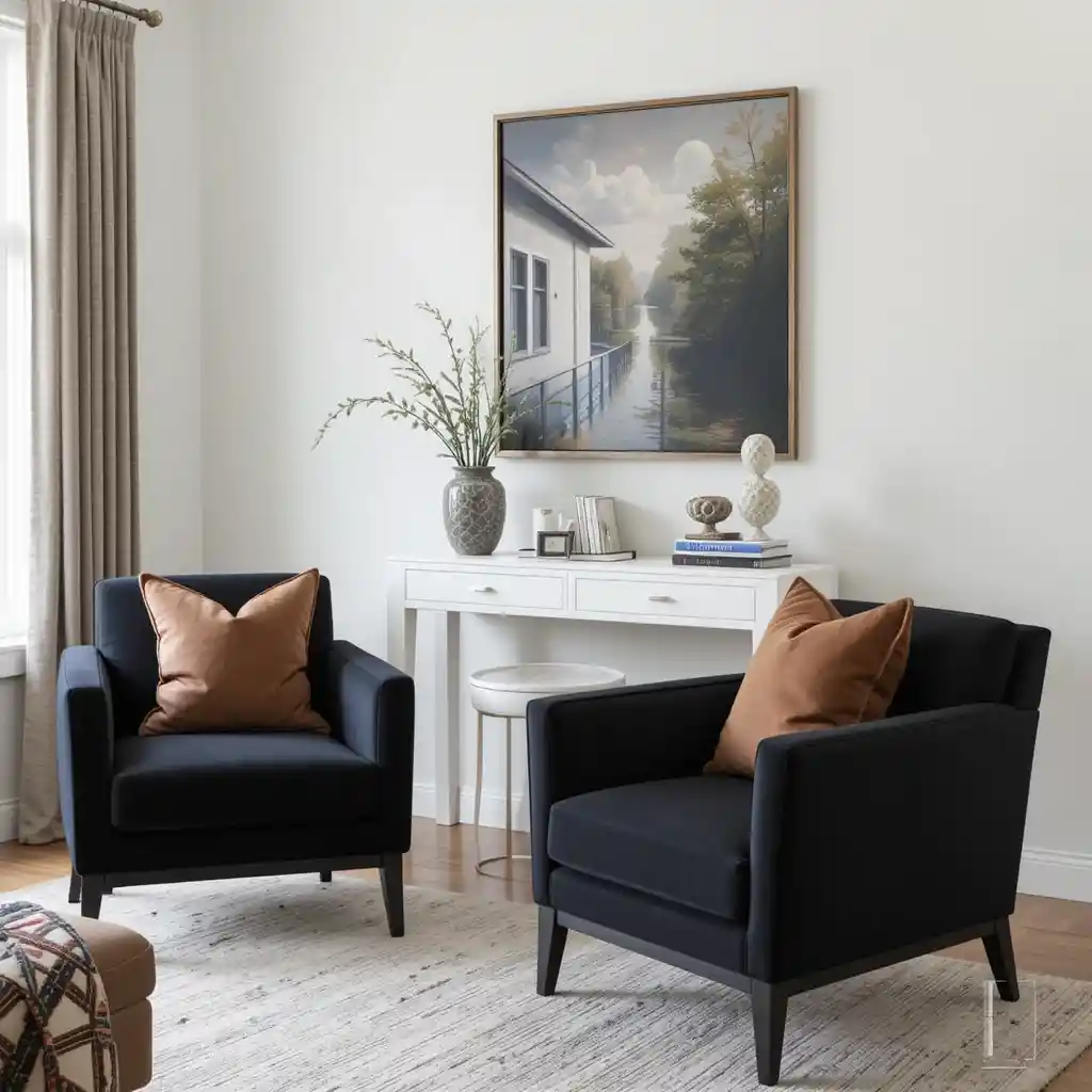 Black Accent Chairs with Brown Throw Pillows