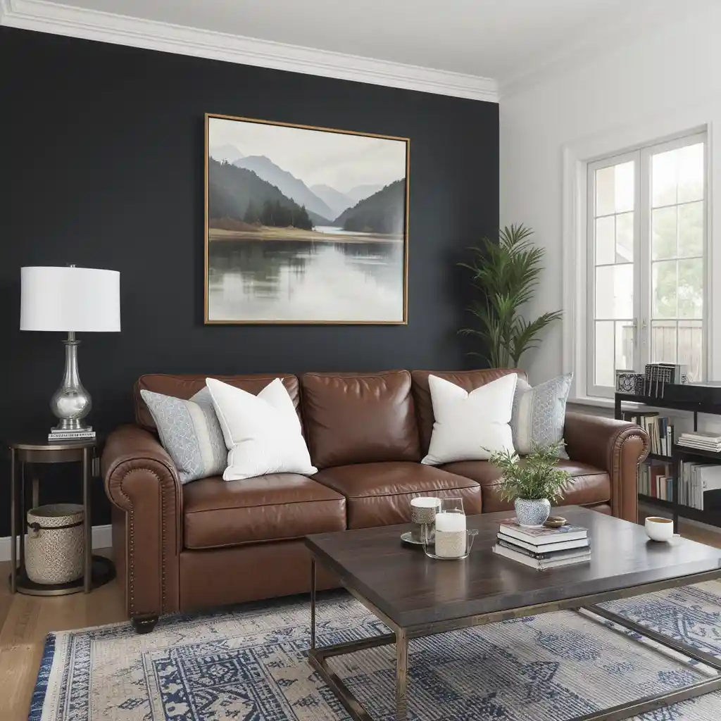 Black Accent Wall with Brown Leather Sofa