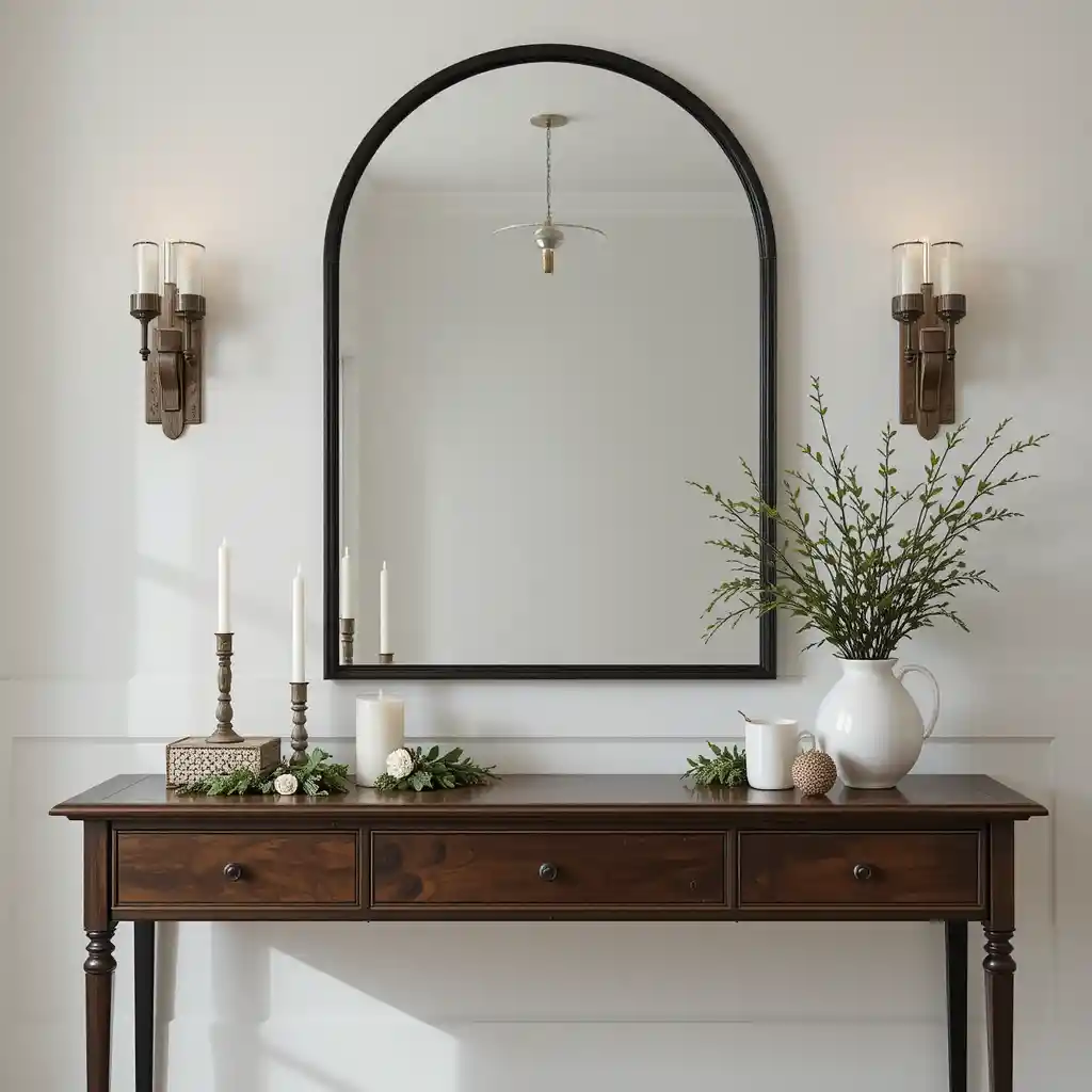 Black Arch Mirror with Brown Console Table