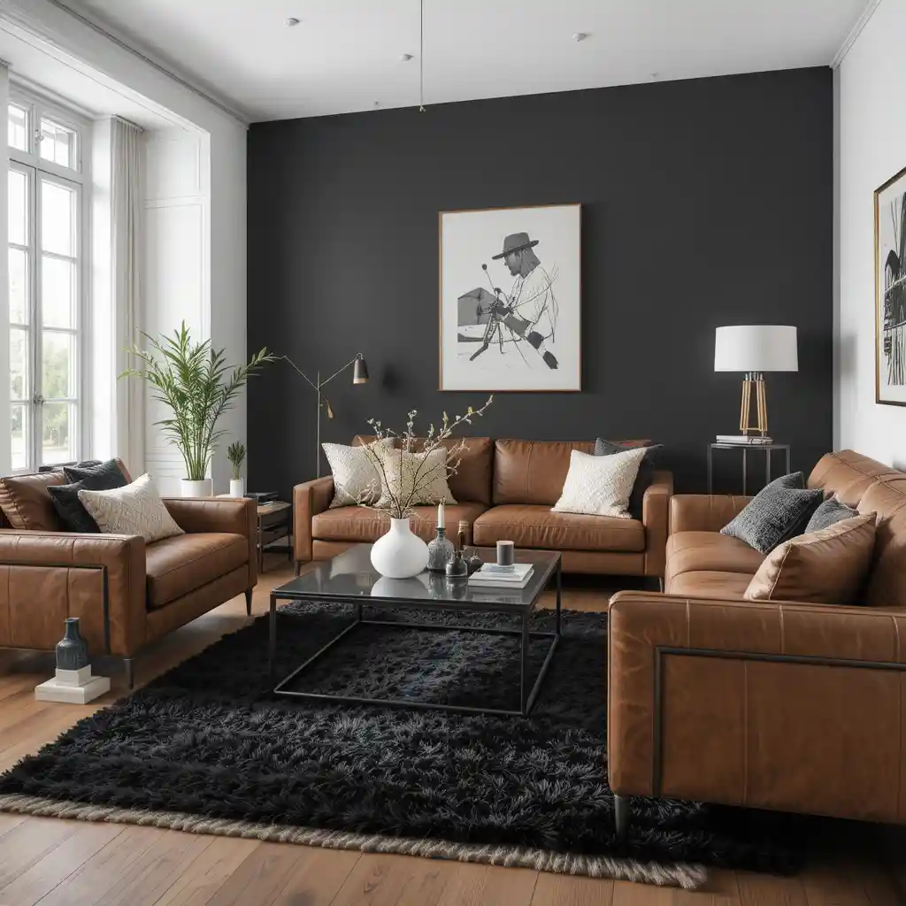 Black Area Rug with Brown Furniture