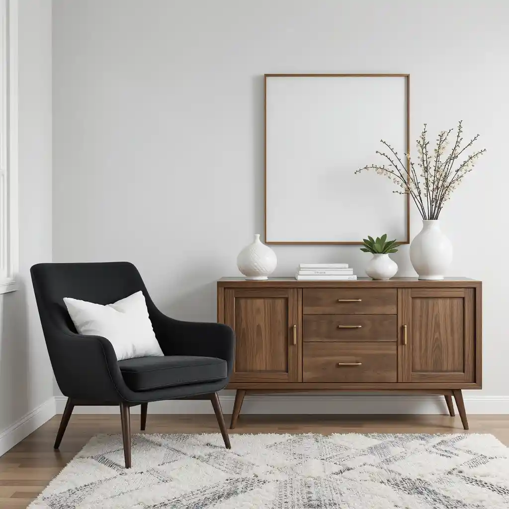 Black Armchair with Brown Sideboard
