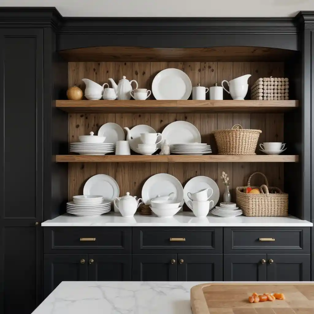 Black Cabinetry with Brown Open Shelves
