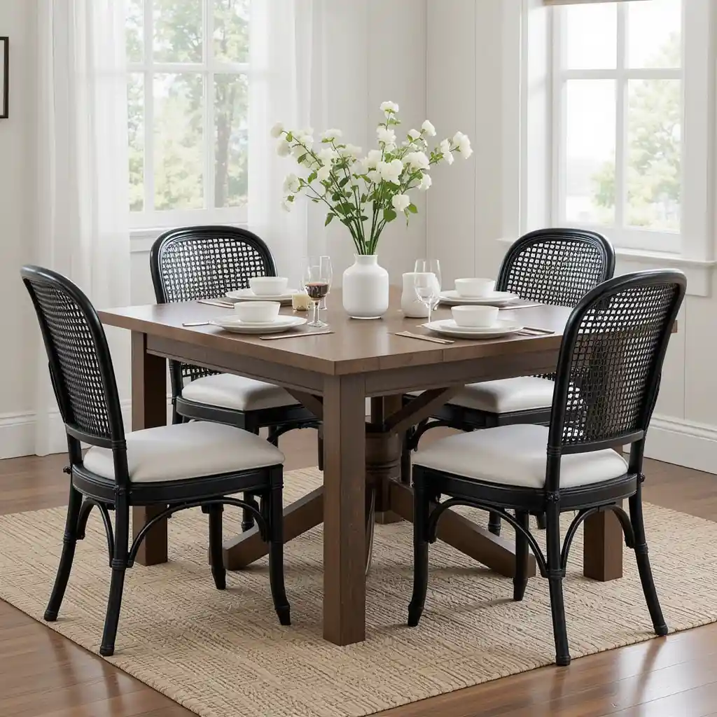 Black Cane Chairs with Brown Dining Table