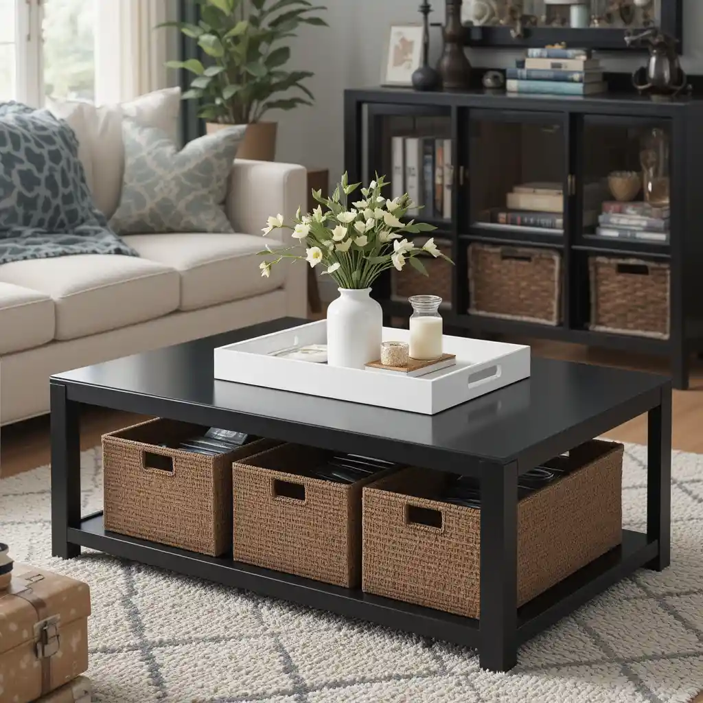 Black Coffee Table with Brown Storage Bins