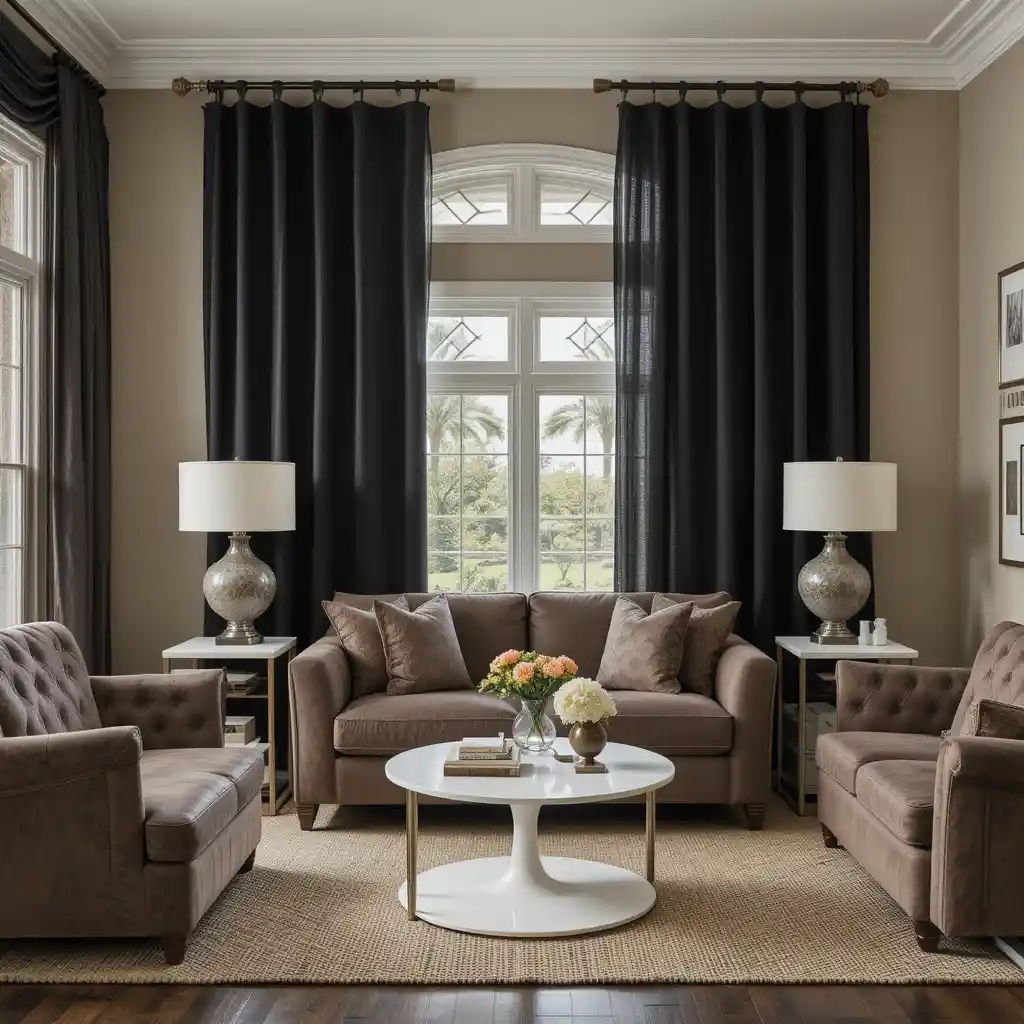 Black Drapes with Brown Furniture