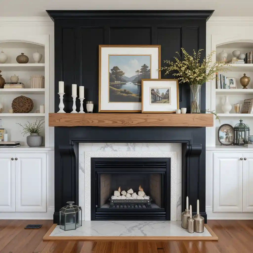 Black Fireplace with Brown Mantel