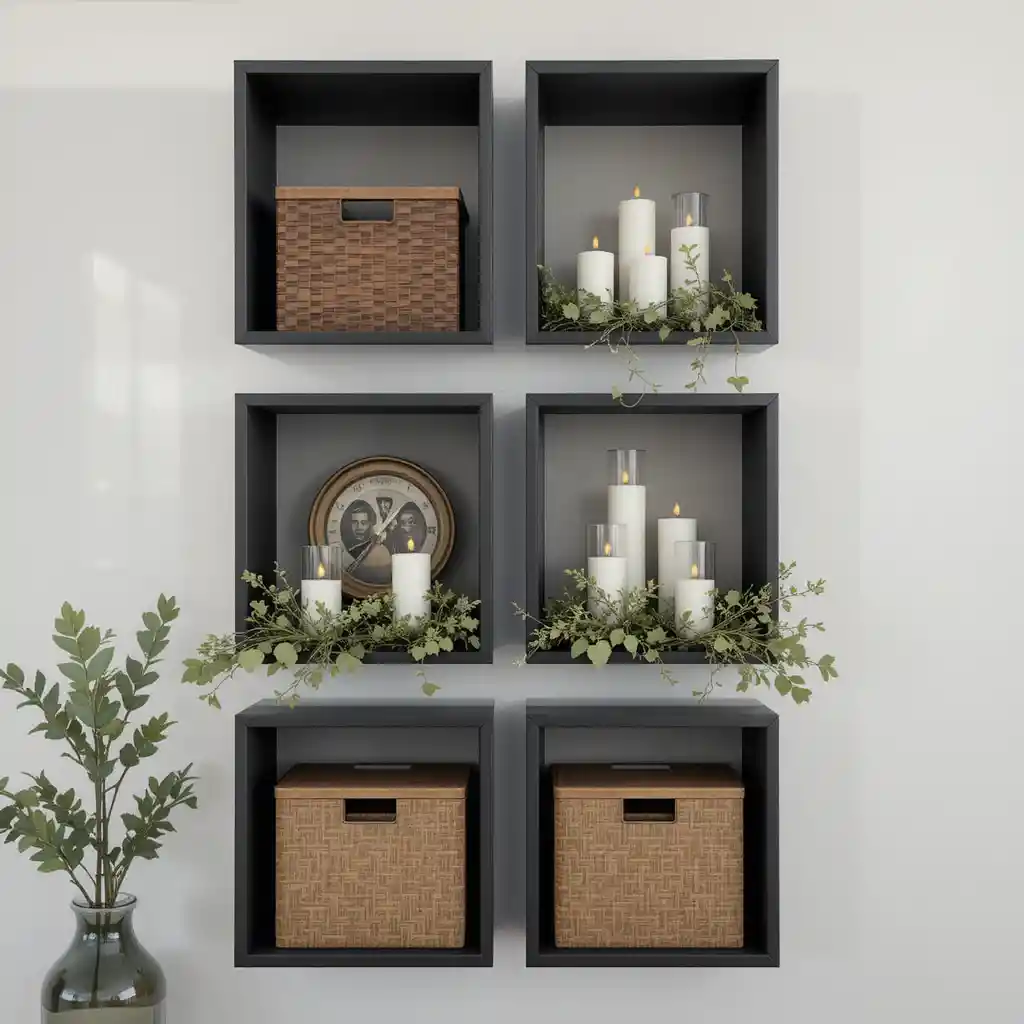 Black Floating Shelves with Brown Storage