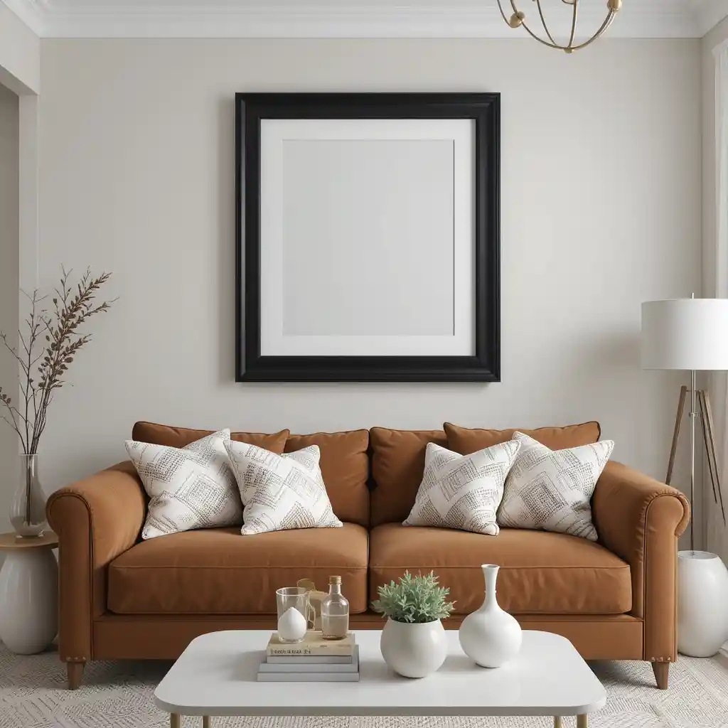 Black Frame Art with Brown Sofa