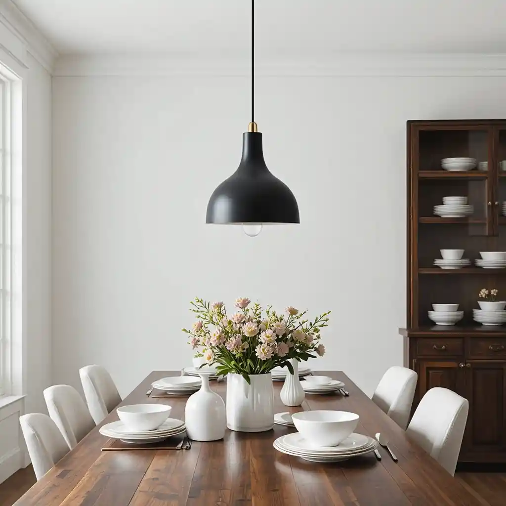 Black Pendant Lights with Brown Table