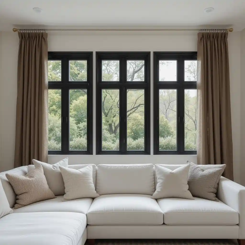 Black Window Frames with Brown Curtains