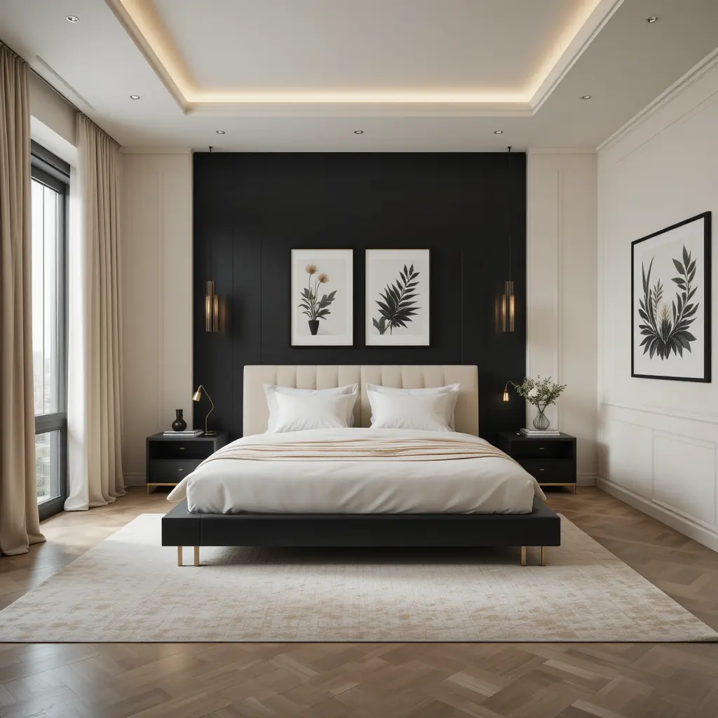 Black and Cream Bedroom with Bold Accent Walls