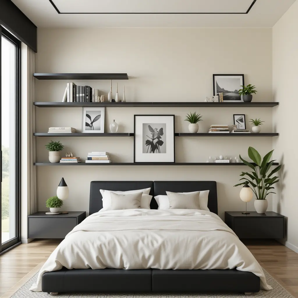 Black and Cream Bedroom with Floating Shelves