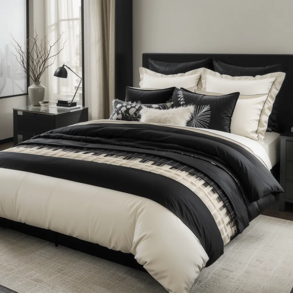Black and Cream Bedroom with High-Contrast Bedding