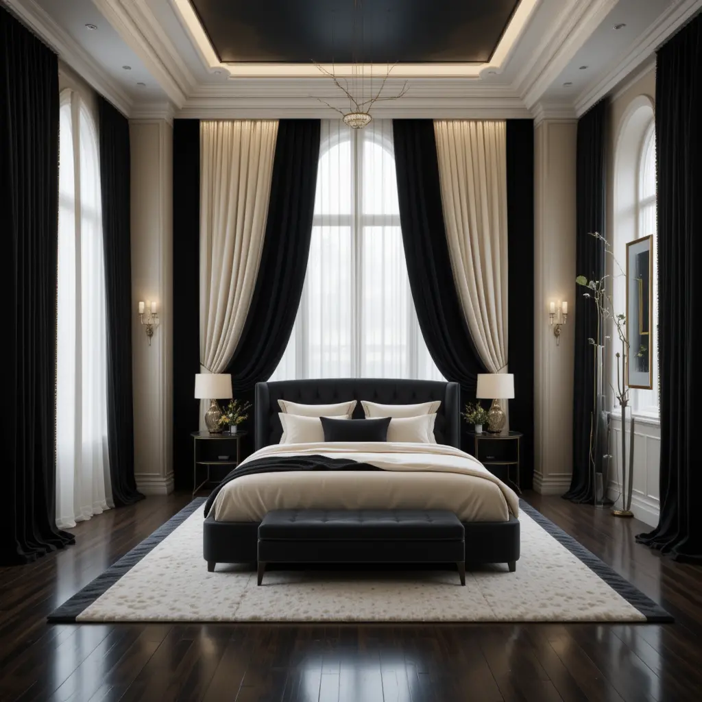 Black and Cream Bedroom with Luxurious Curtains