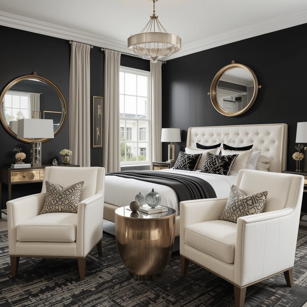 Black and Cream Bedroom with Metallic Accents
