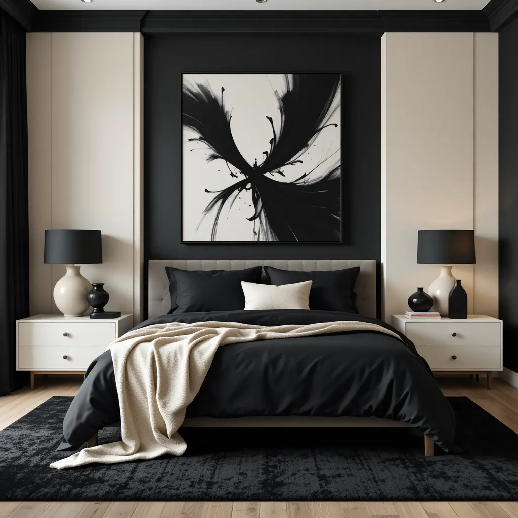 Black and Cream Bedroom with Modern Art Decor