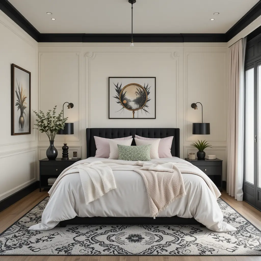 Black and Cream Bedroom with Soft Pastel Accents