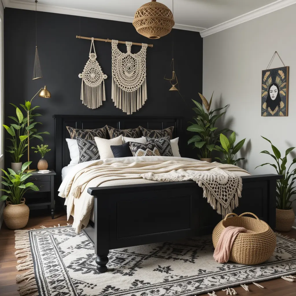 Black and Cream Bedroom with a Boho Twist