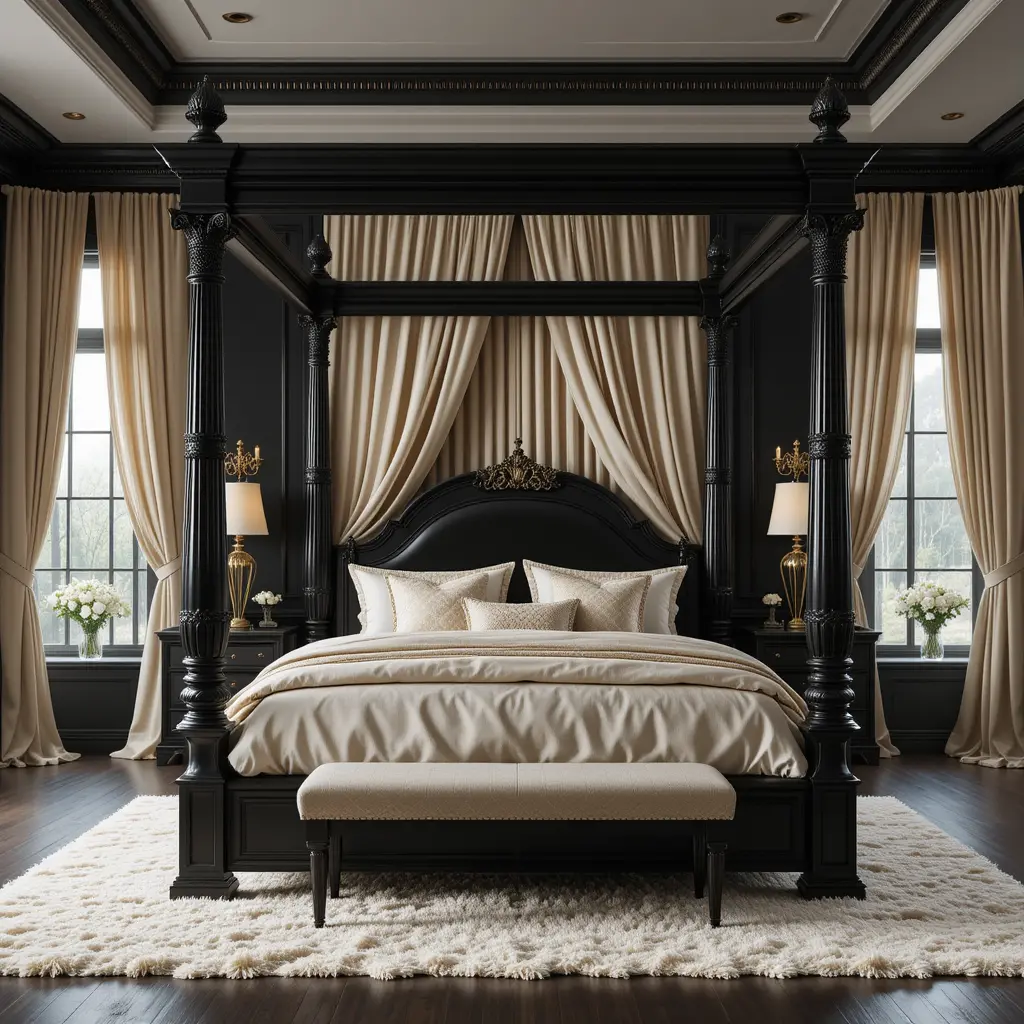 Black and Cream Bedroom with a Four-Poster Bed