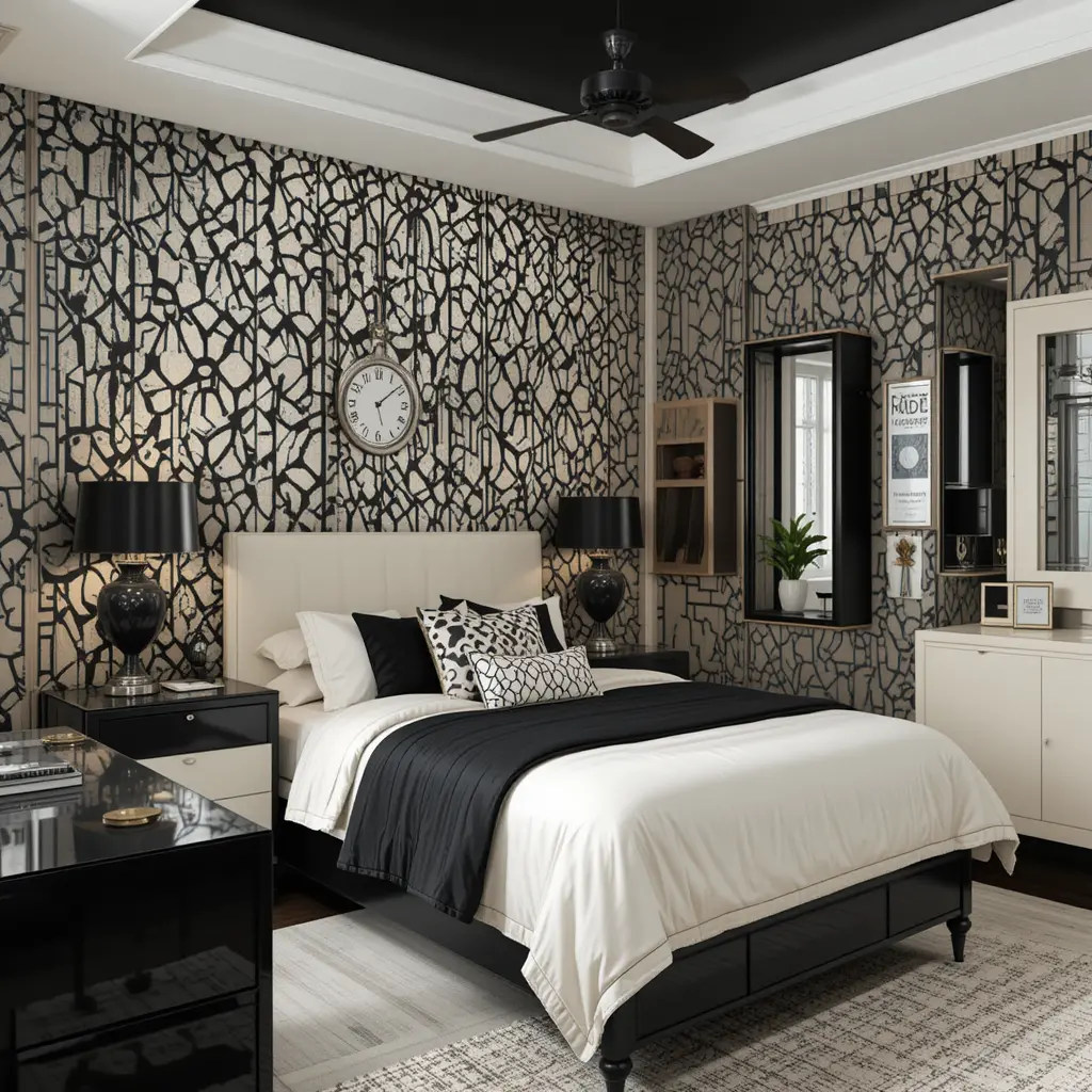 Black and Cream Bedroom with a Retro Vibe