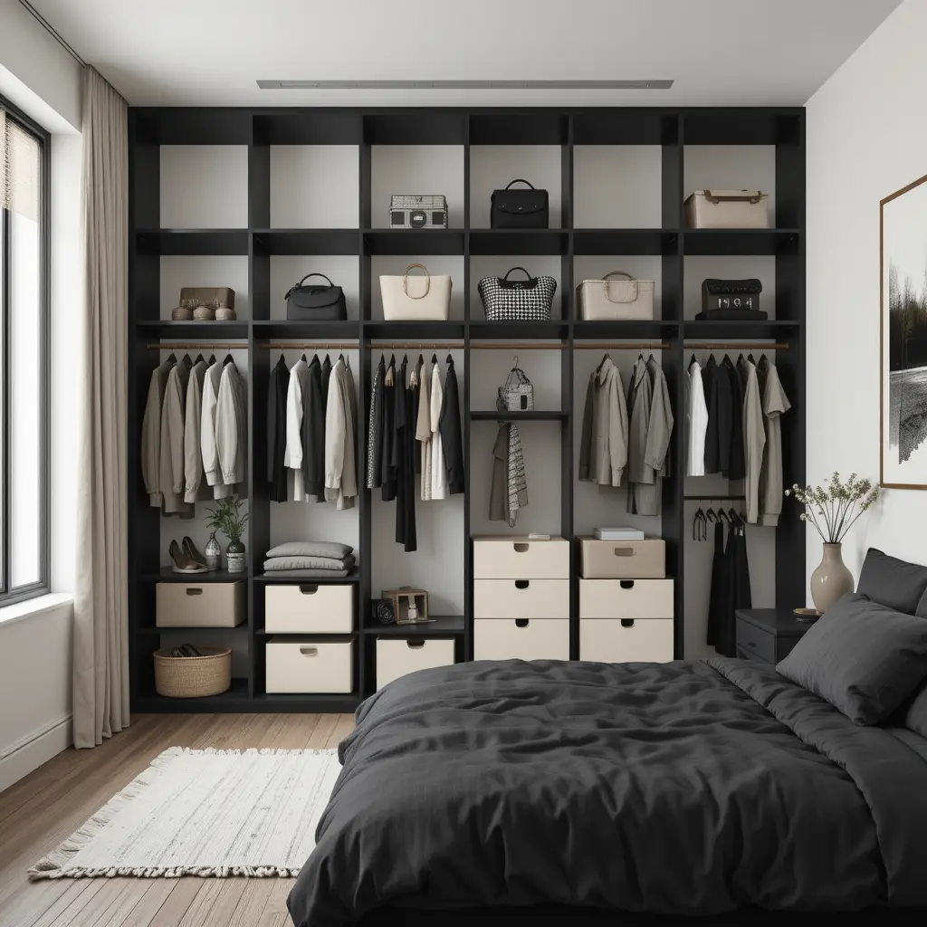 Black and Cream Bedroom with an Open Closet Concept