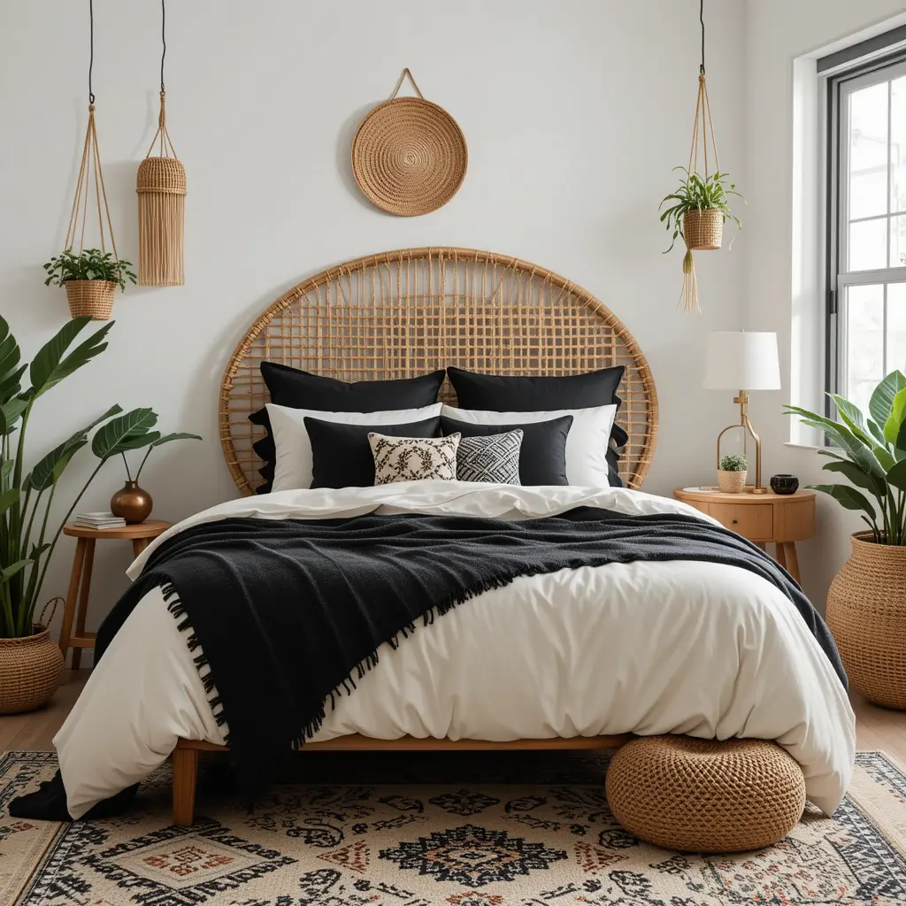 Bohemian Black and Cream Bedroom with Rattan Furniture