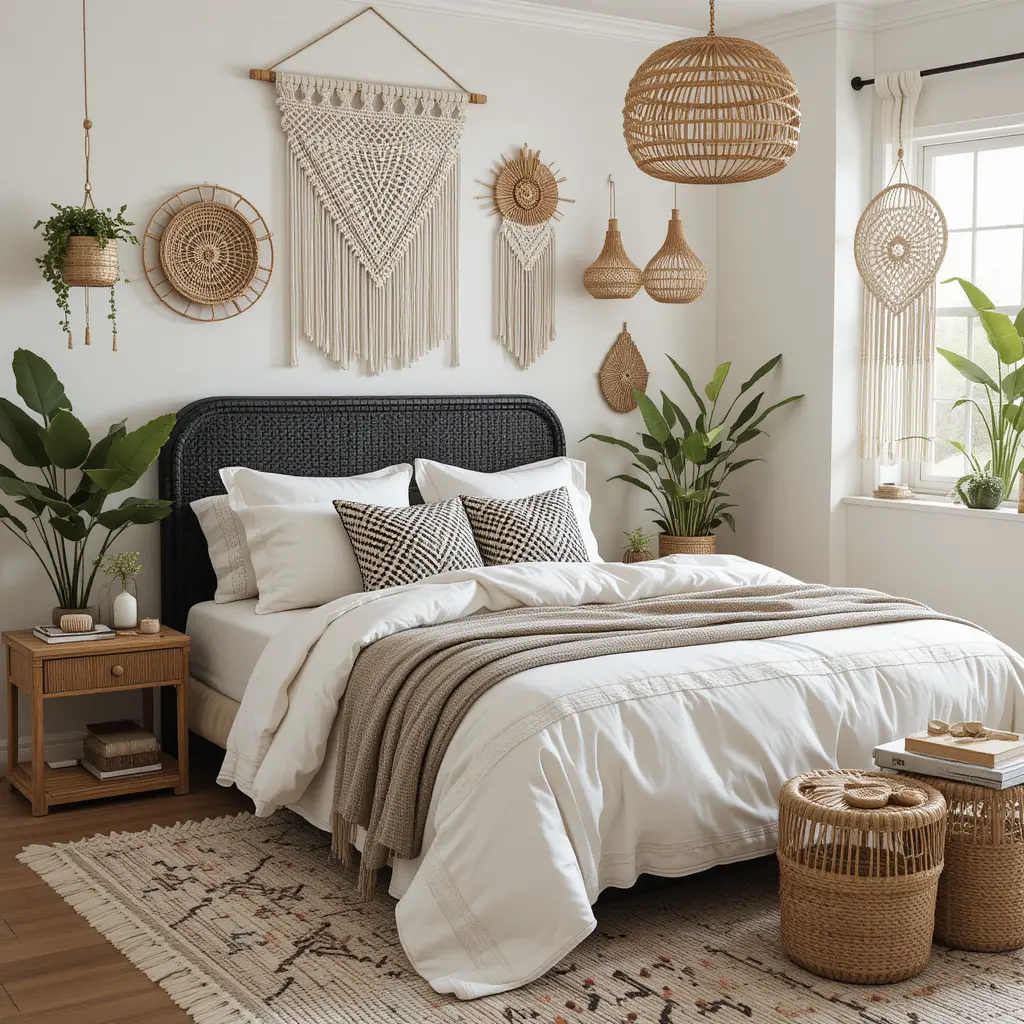 Boho Chic Black and Cream Bedroom with Woven Textures