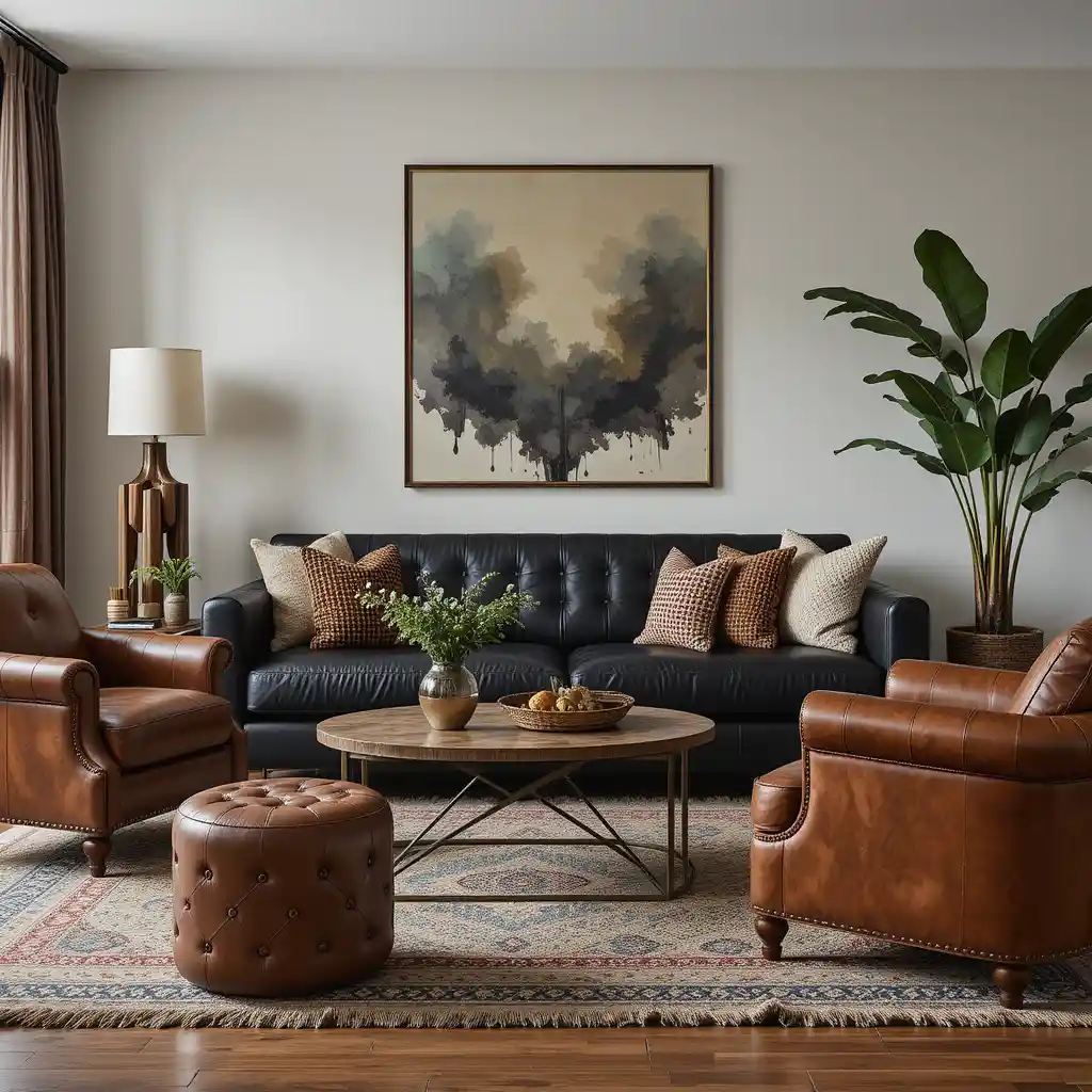 Boho Leather and Black Couch Combo