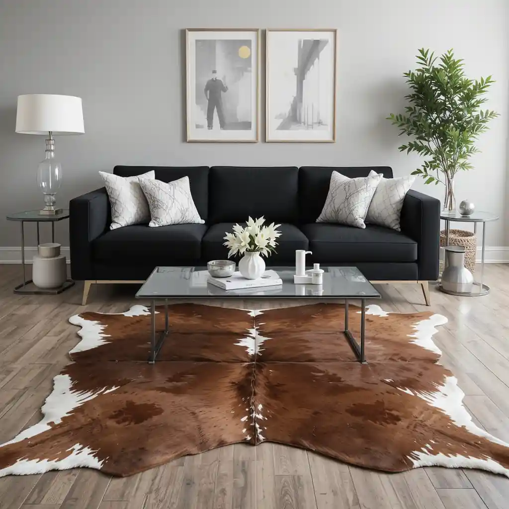 Brown Cowhide Rug with Black Sofa