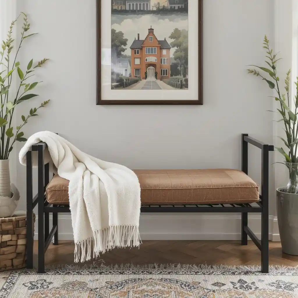 Brown Cushioned Bench with Black Frame