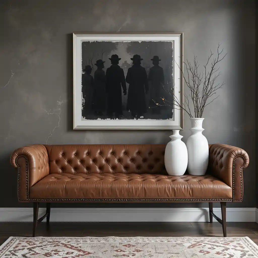 Brown Leather Bench with Black Artwork