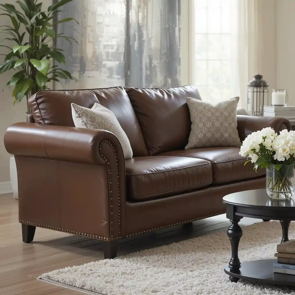 Brown Leather Loveseat with Black Side Table