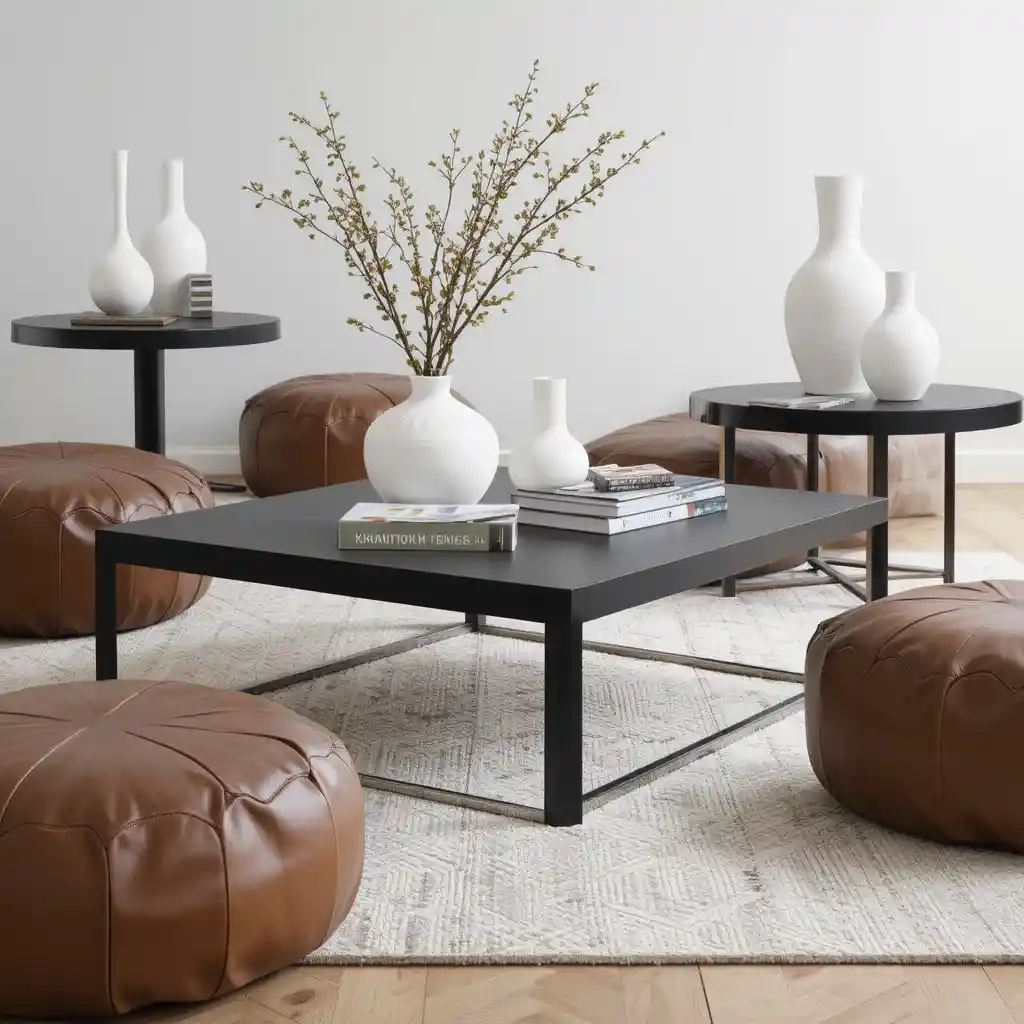 Brown Leather Poufs with Black Tables
