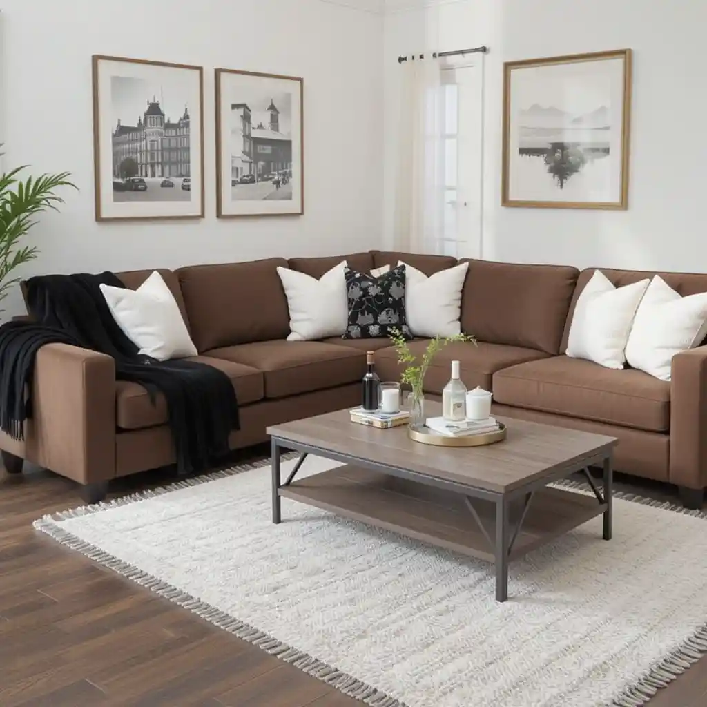 Brown Sectional with Black Throw Blankets