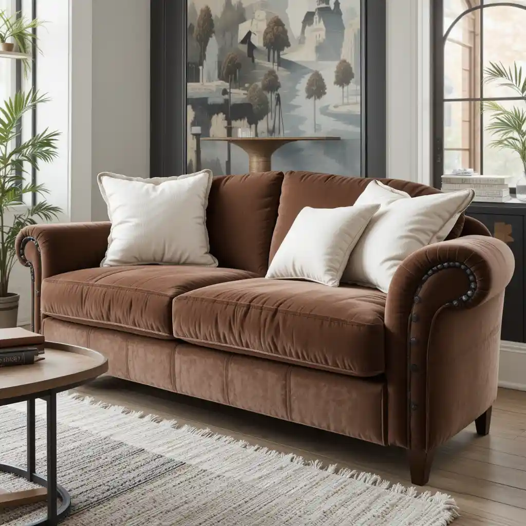 Brown Velvet Sofa with Black Trim