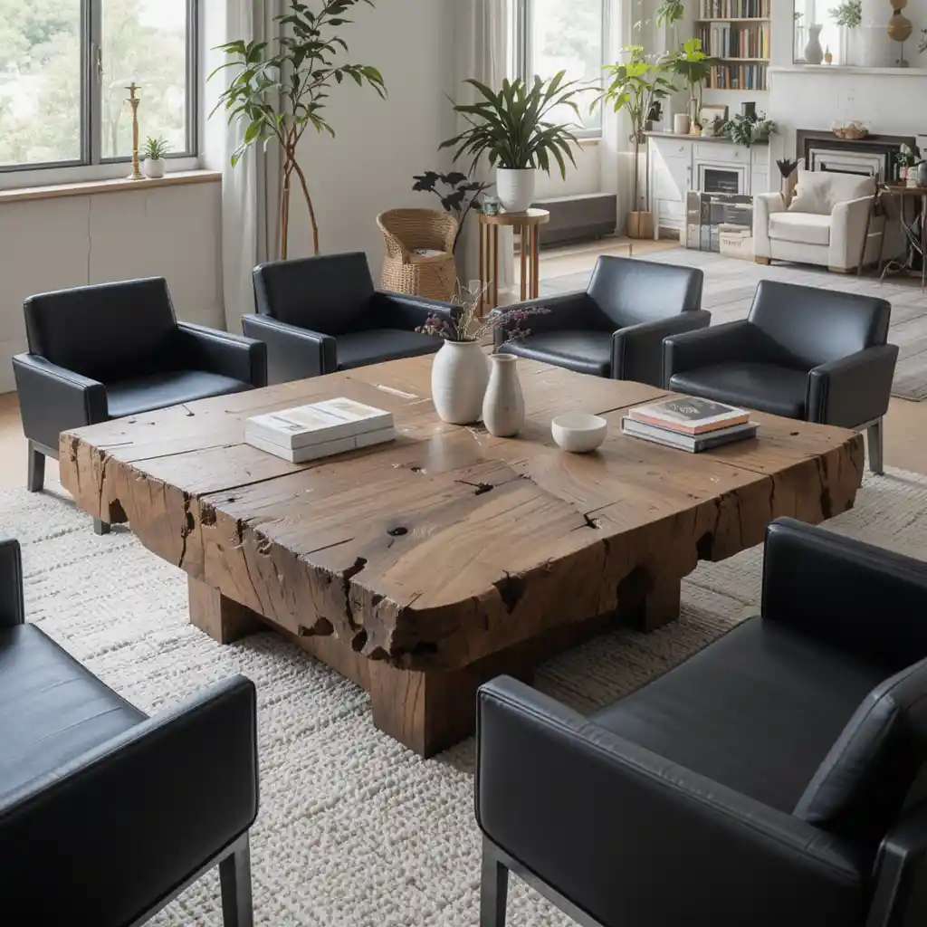 Brown Wooden Coffee Table with Black Chairs
