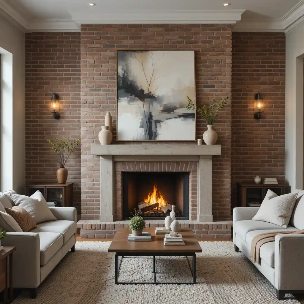 Classic Brick Fireplace with Modern Art