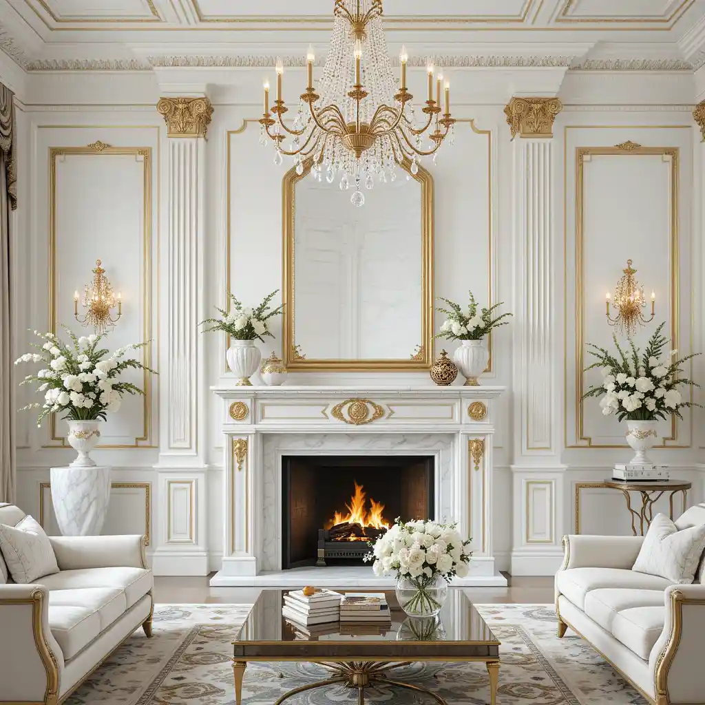 Classic White Fireplace with Gold Accents