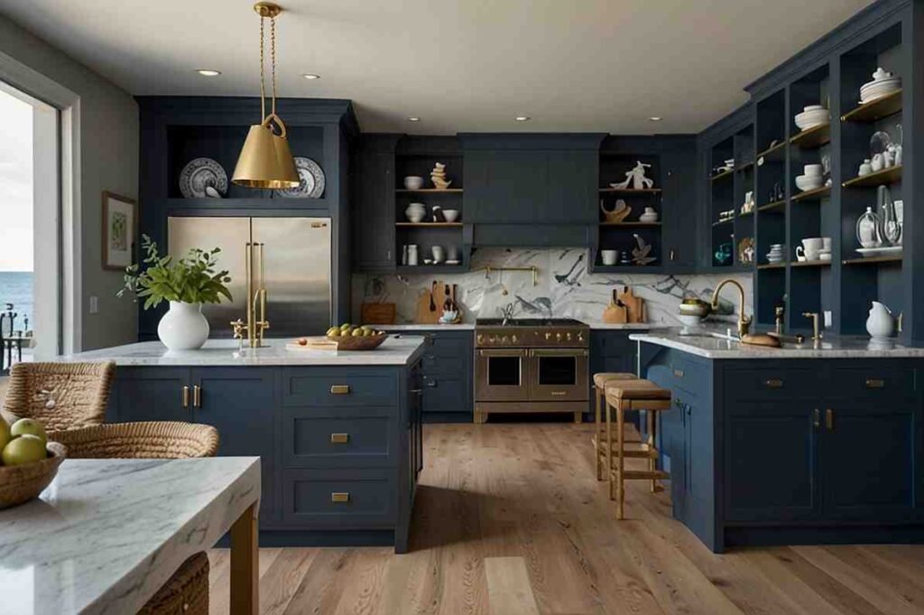 Coastal Blue Cabinets with Gold Hardware