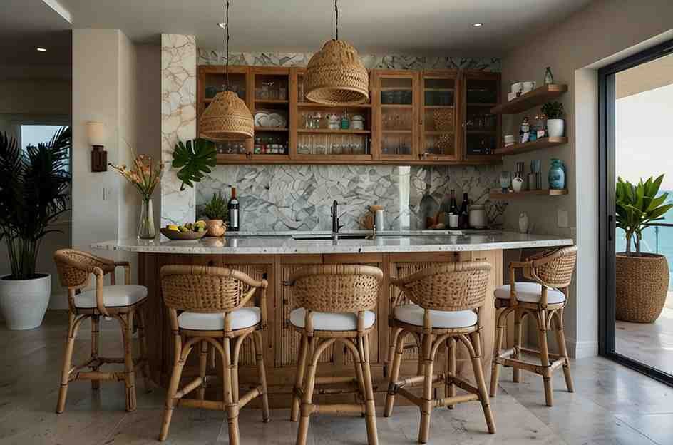 Coastal Chic Bar Area with Rattan Chairs