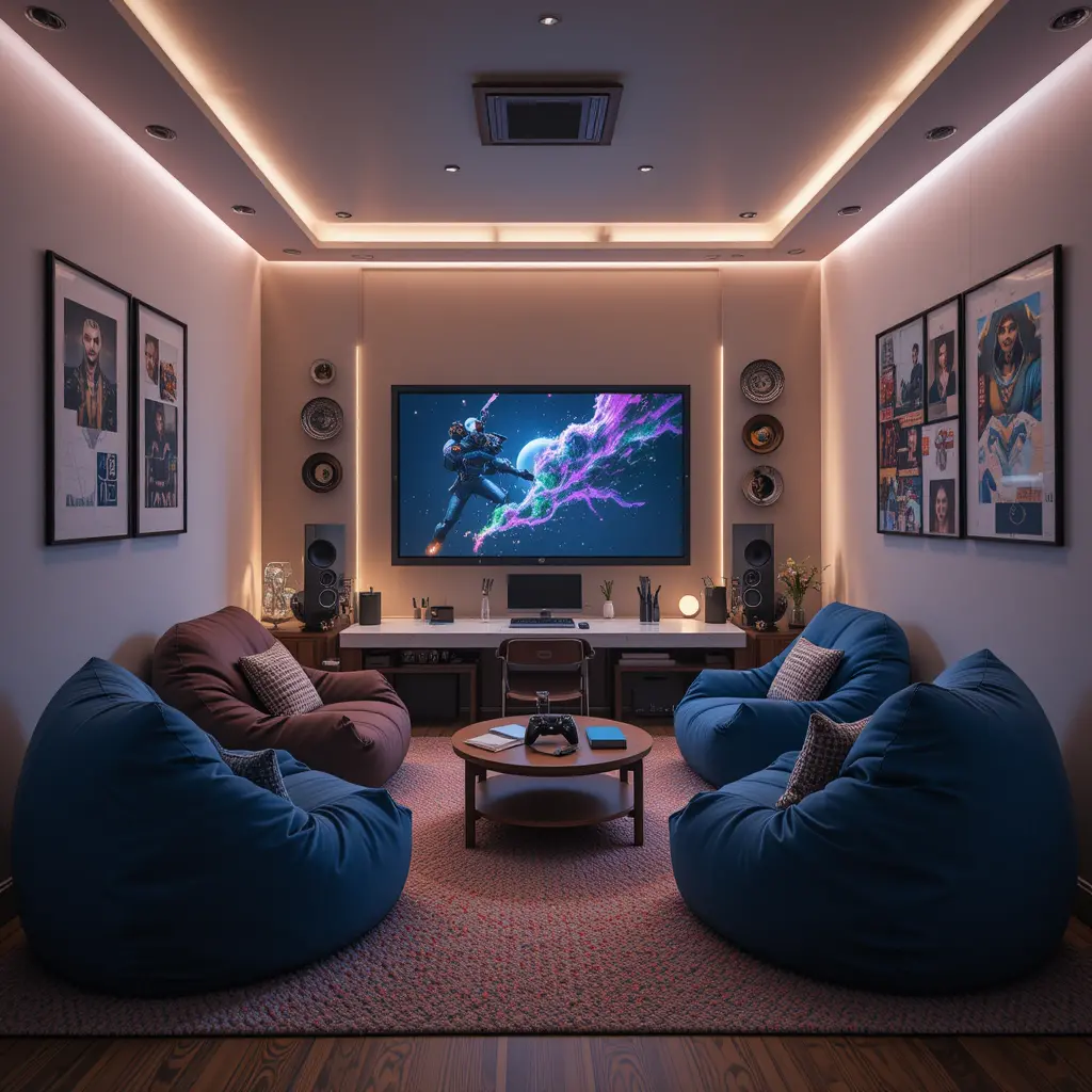 Comfortable Gaming Room with Bean Bags and Foldaway Bed