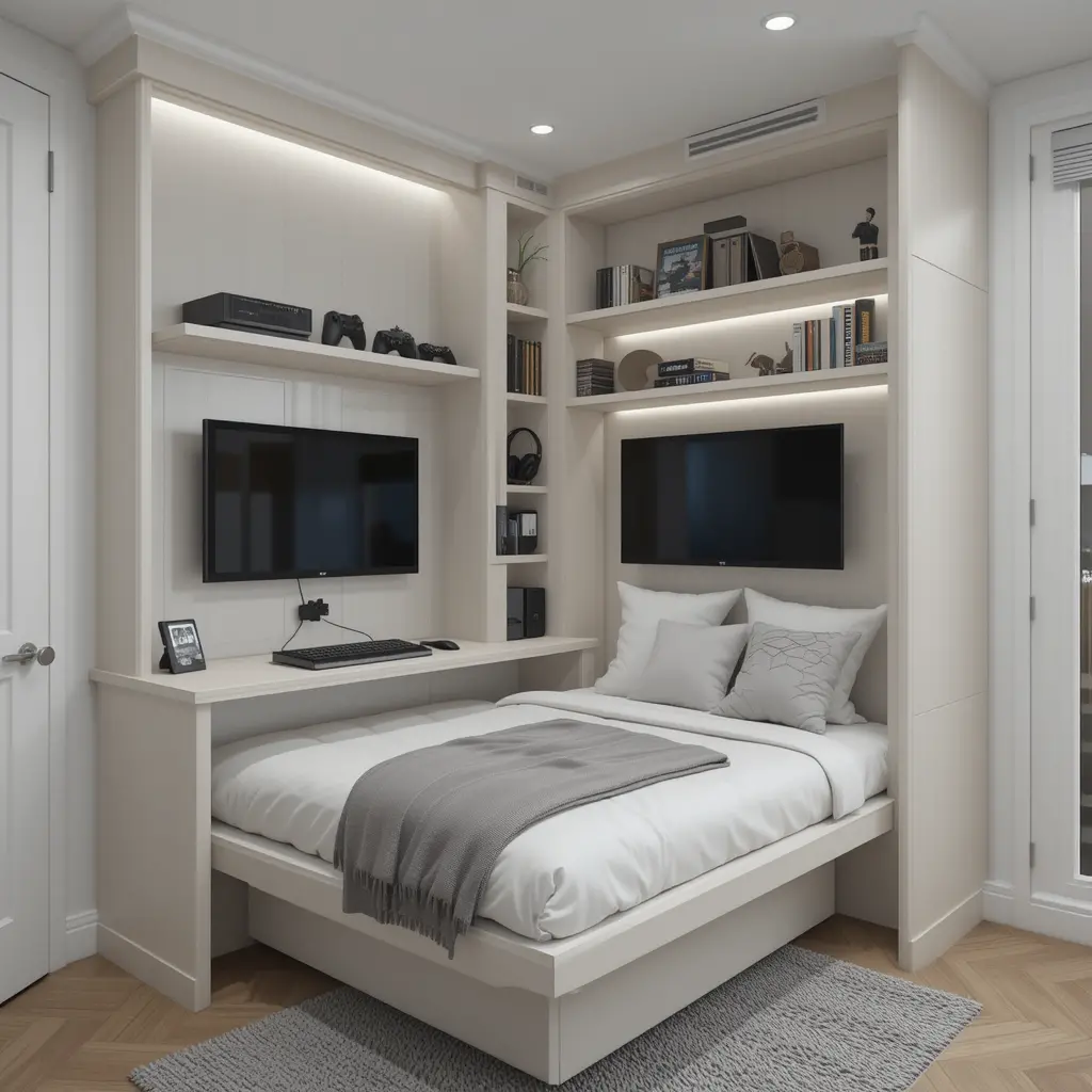 Compact Corner Gaming Room with Fold-Out Bed