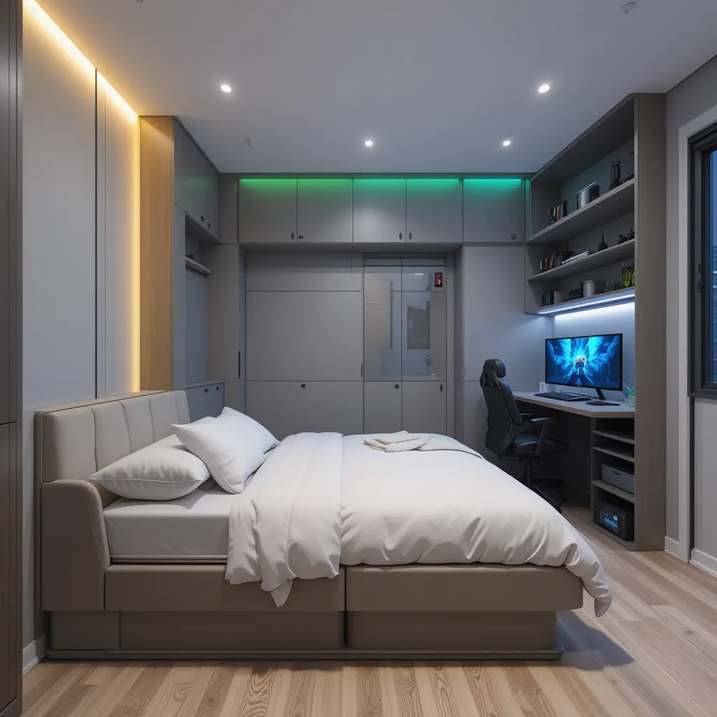 Compact Gaming Room with Foldable Bed and Desk Combo