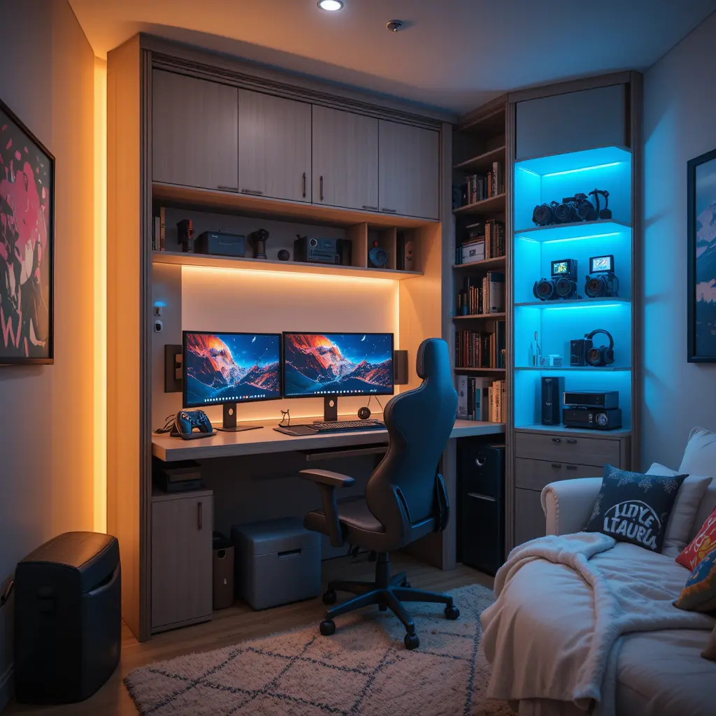 Compact Gaming Room with Wall-Mounted Desk