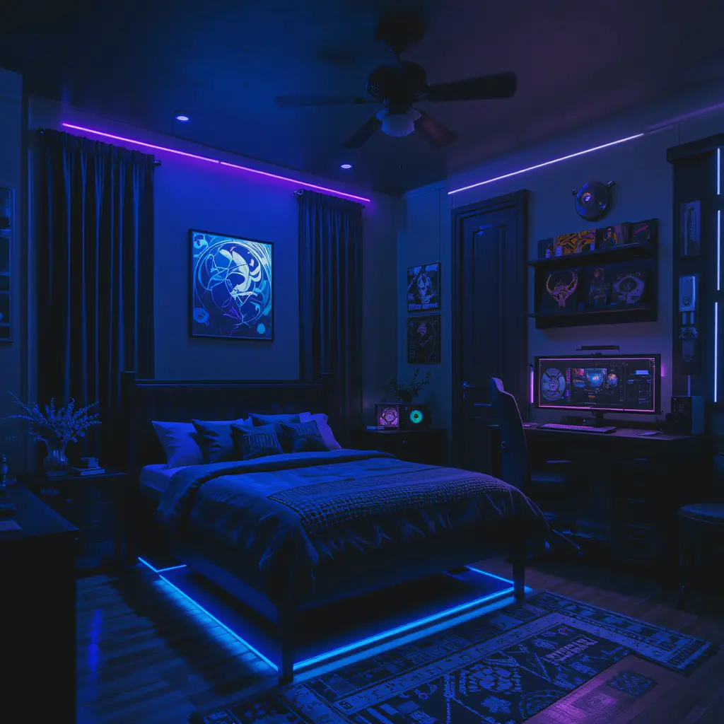 Cozy, Dark Gaming Room with Bed